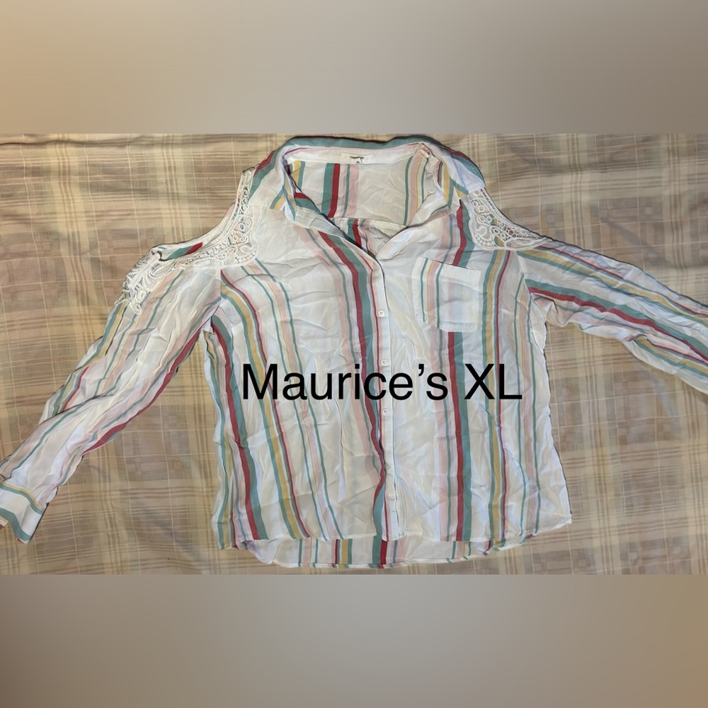 Maurices White Cold-Shoulder Button-Down with Multicolor Stripes